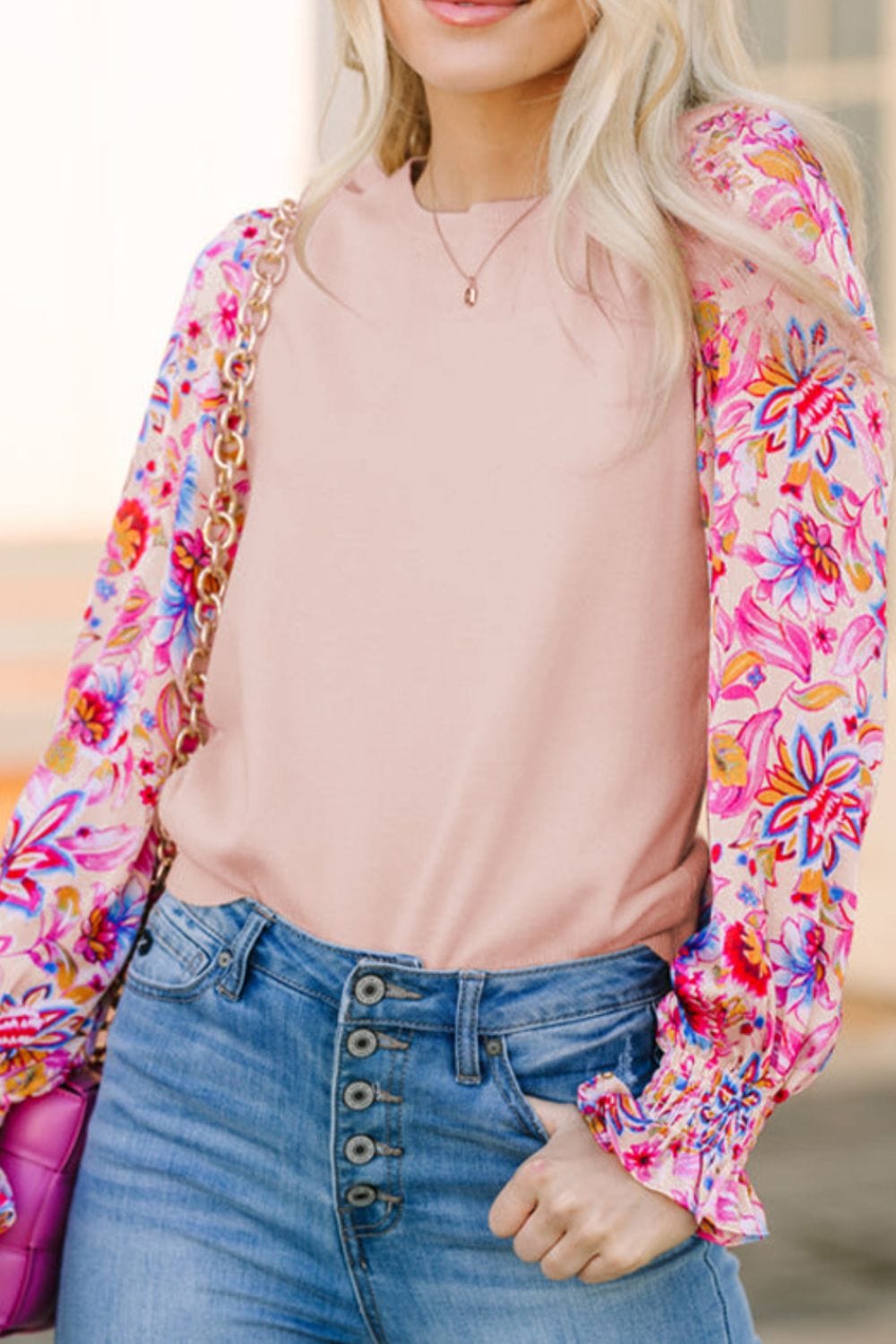 Printed Round Neck Flounce Sleeve Sweater - Trendsi