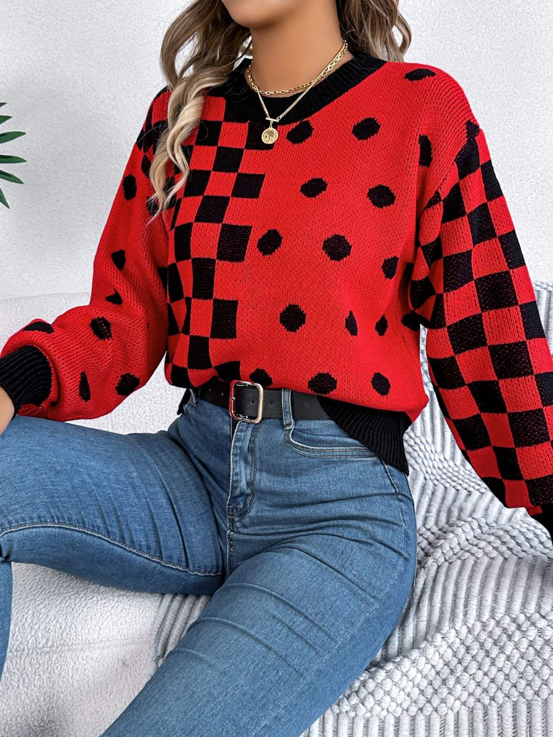 Plaid Round Neck Long Sleeve Sweater - Trendsi - Flyclothing LLC