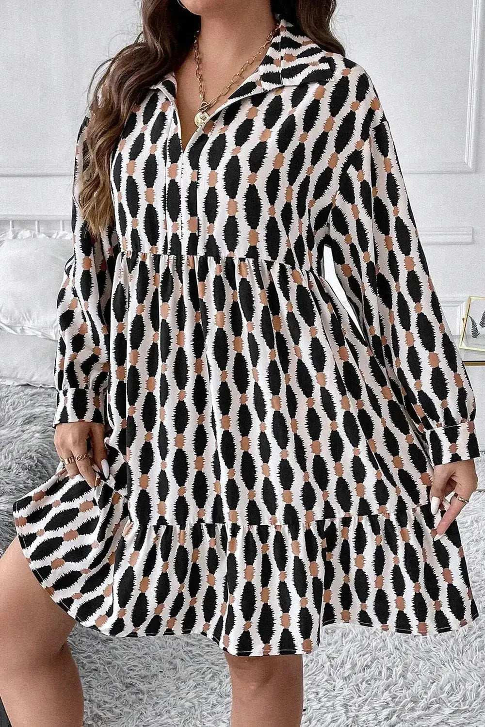 Plus Size Printed Johnny Collar Long Sleeve Dress - Trendsi - Flyclothing LLC