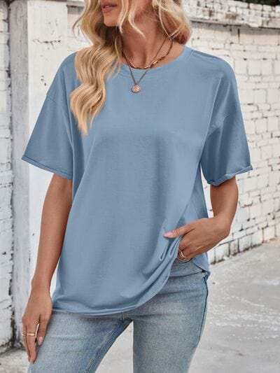 Lovelet Exposed Seam Round Neck Half Sleeve T-Shirt - Trendsi - Flyclothing LLC