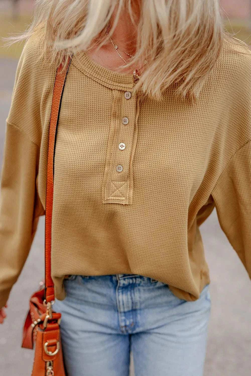 Waffle-Knit Half Button Round Neck Long Sleeve Top - Trendsi - Flyclothing LLC