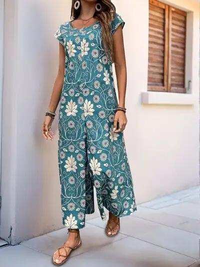 Perfee Printed Round Neck Cap Sleeve Wide Leg Jumpsuit - Trendsi - Flyclothing LLC