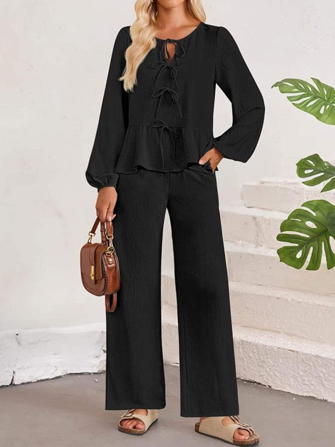 Tie Neck Balloon Sleeve Top and Pants Set - Trendsi - Flyclothing LLC