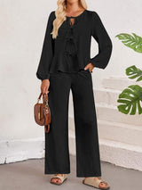 Tie Neck Balloon Sleeve Top and Pants Set - Trendsi - Flyclothing LLC