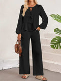 Tie Neck Balloon Sleeve Top and Pants Set - Trendsi - Flyclothing LLC