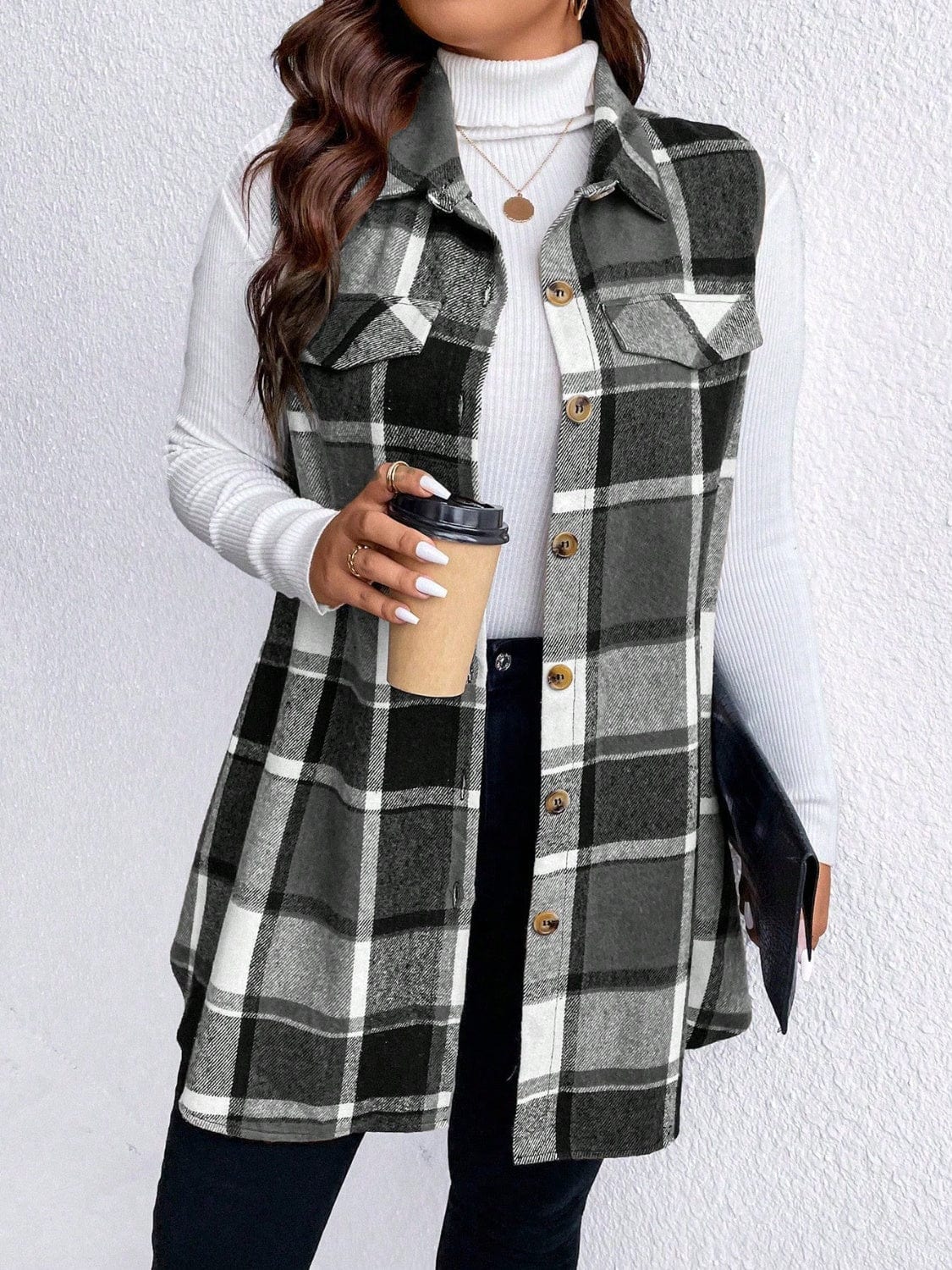 Honey Plus Size Pocketed Plaid Button Up Vest Coat - Trendsi