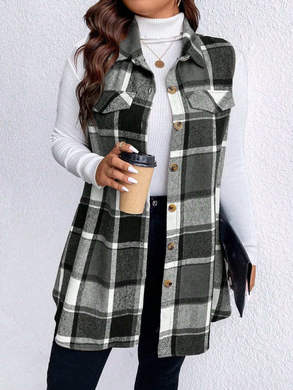 Honey Plus Size Pocketed Plaid Button Up Vest Coat - Trendsi - Flyclothing LLC
