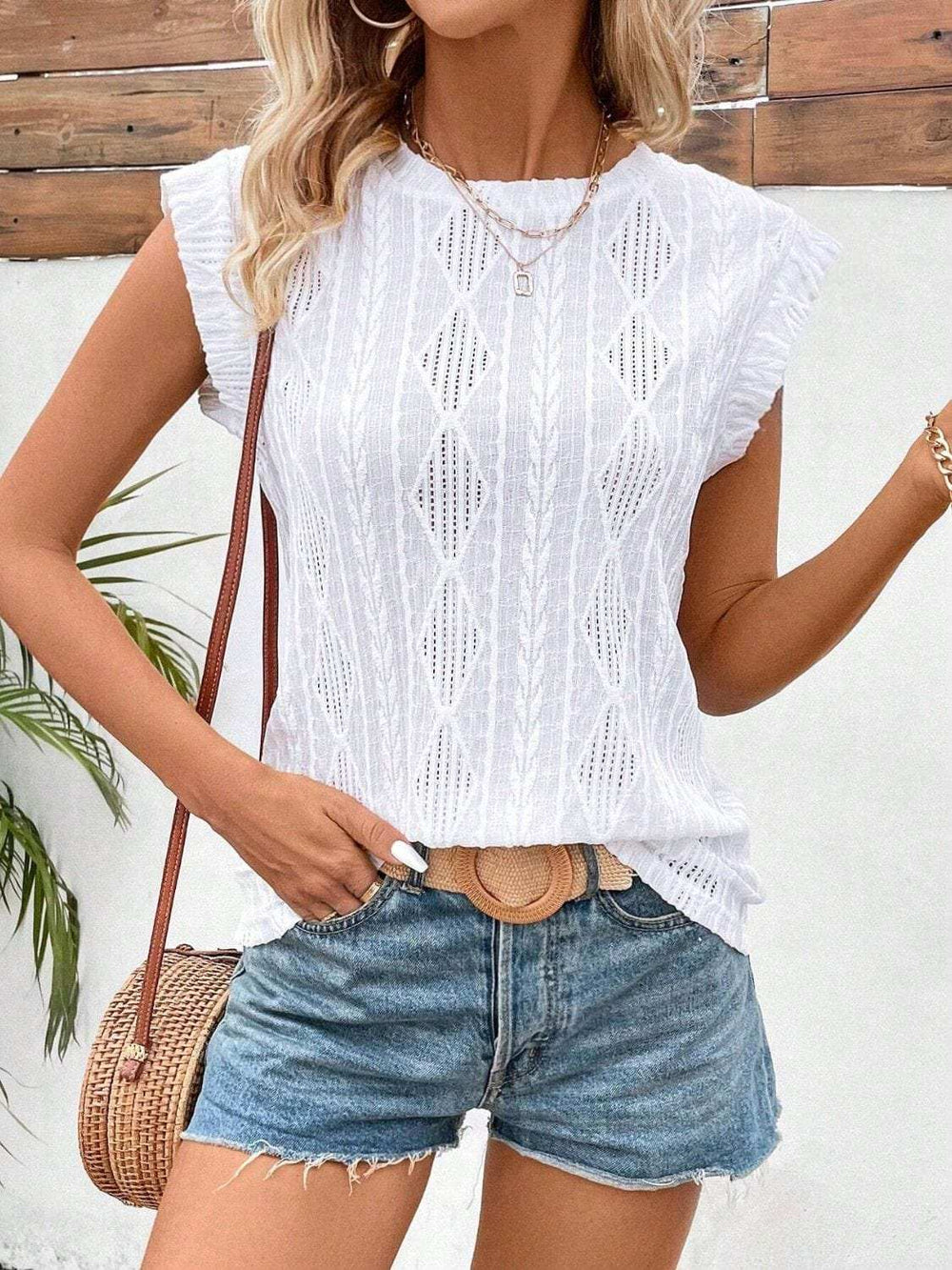 Eyelet Round Neck Cap Sleeve Top - Trendsi - Flyclothing LLC