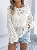 Openwork Boat Neck Long Sleeve Knit Cover Up - Trendsi - Flyclothing LLC