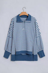 Stripe Color Block Trim Raw Seam Split Hem Loose Sweatshirt - Trendsi - Flyclothing LLC