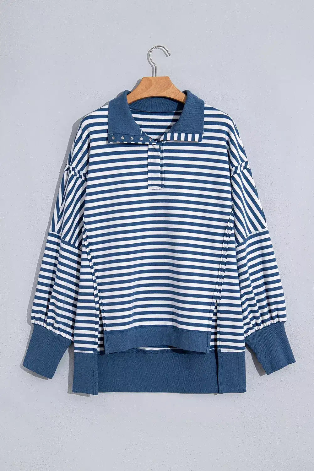 Stripe Color Block Trim Raw Seam Split Hem Loose Sweatshirt - Trendsi - Flyclothing LLC