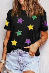 Sequin Stars Patched Round Neck T-Shirt - Trendsi - Flyclothing LLC