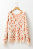 Distressed Trim Leopard V-Neck Sweater - Trendsi - Flyclothing LLC
