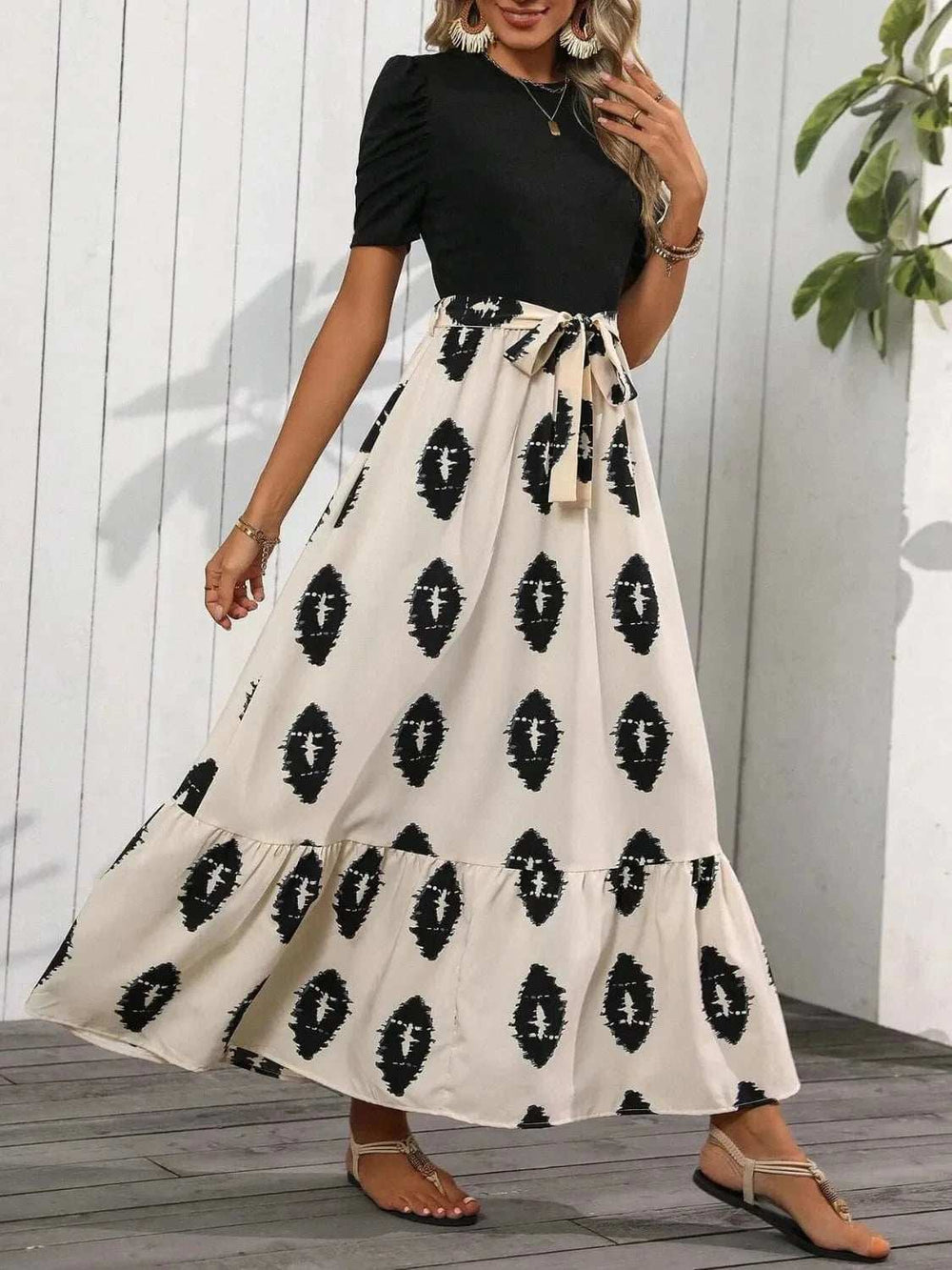 Printed Tie Waist Short Sleeve Maxi Dress - Trendsi - Flyclothing LLC