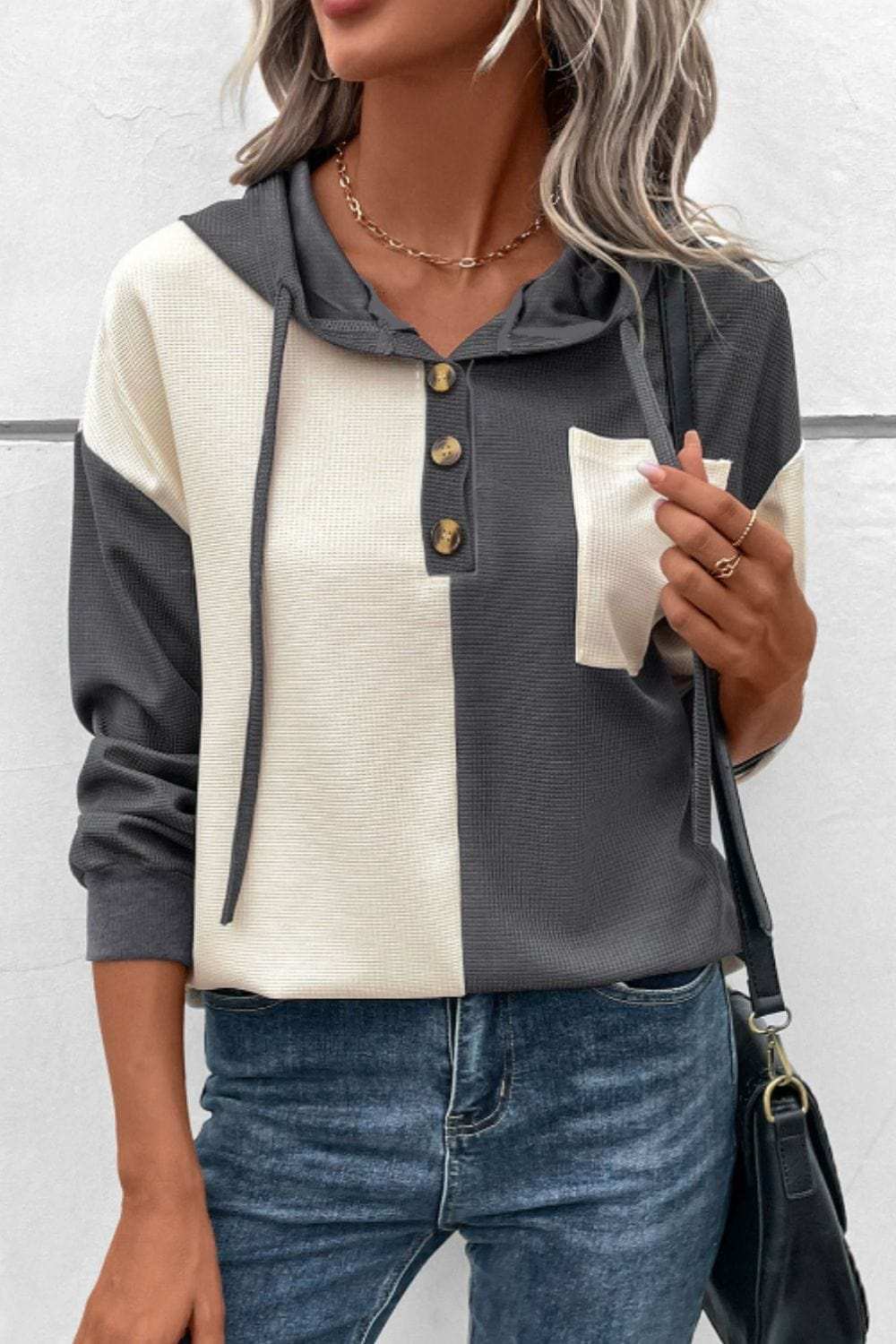 Waffle-Knit Two-Tone Long Sleeve Hoodie - Trendsi - Flyclothing LLC