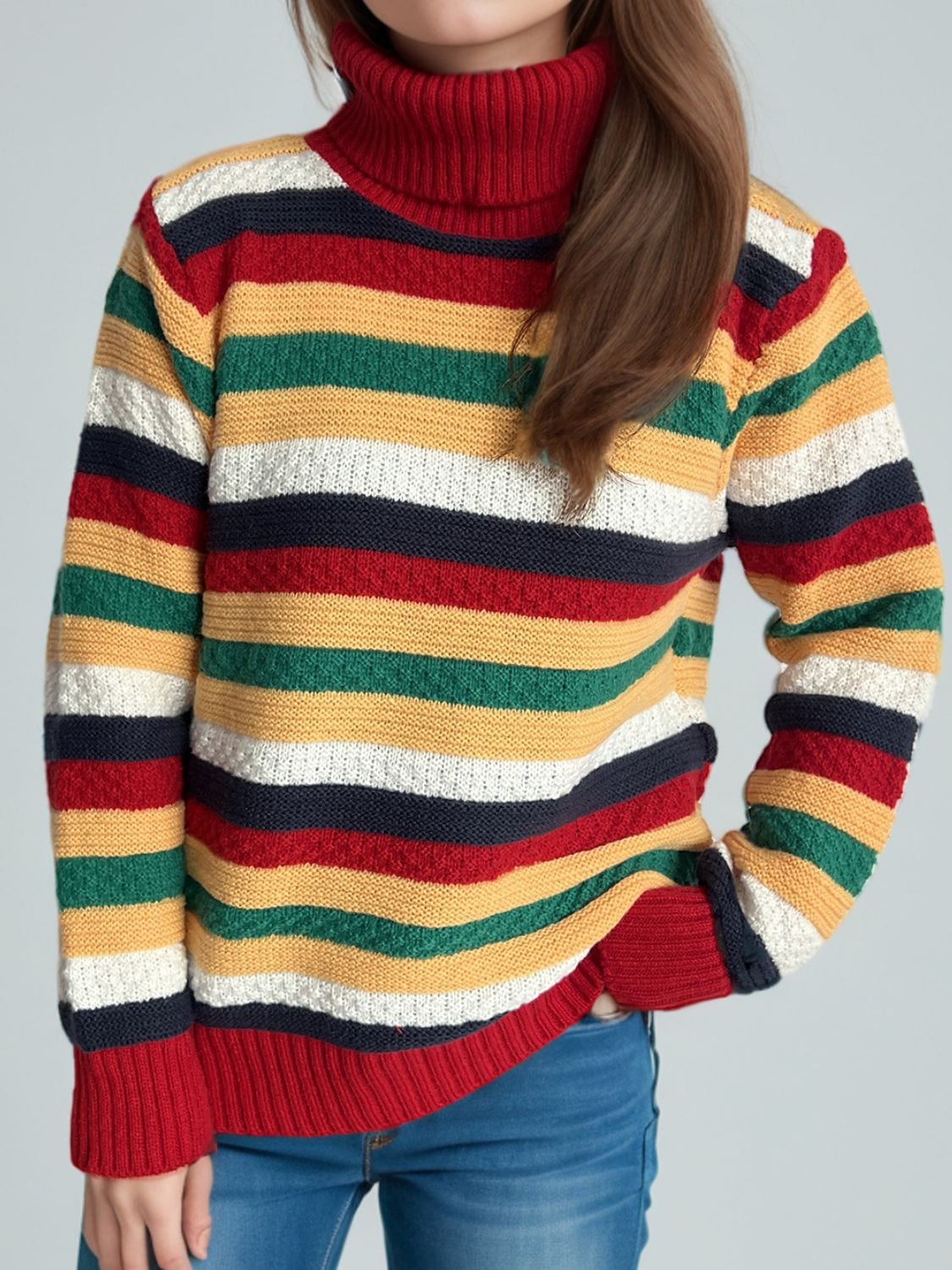 Contrast Stripes Turtleneck Long Sleeve Sweater - Trendsi