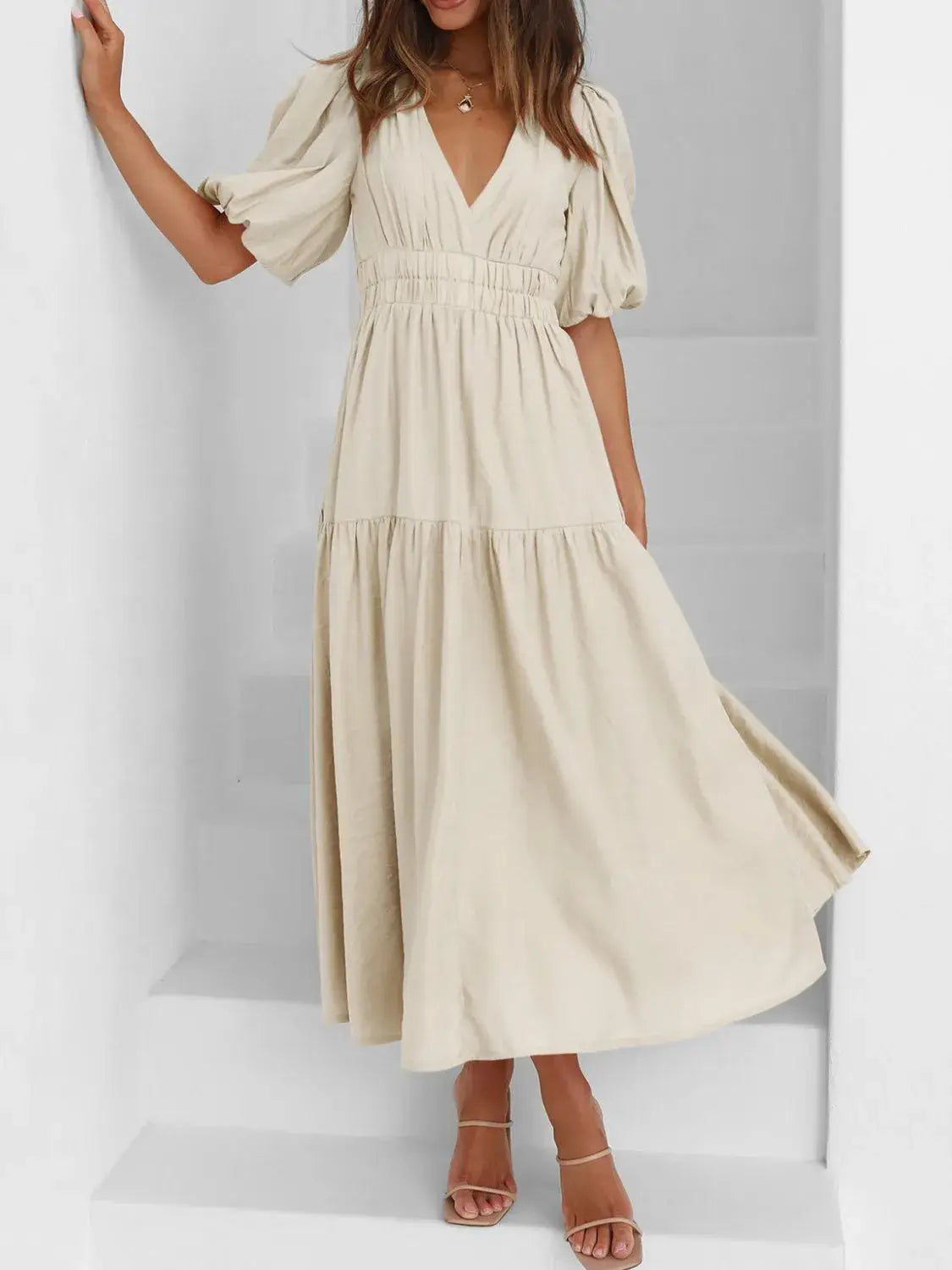 V-Neck Puff Sleeve Midi Dress - Trendsi - Flyclothing LLC