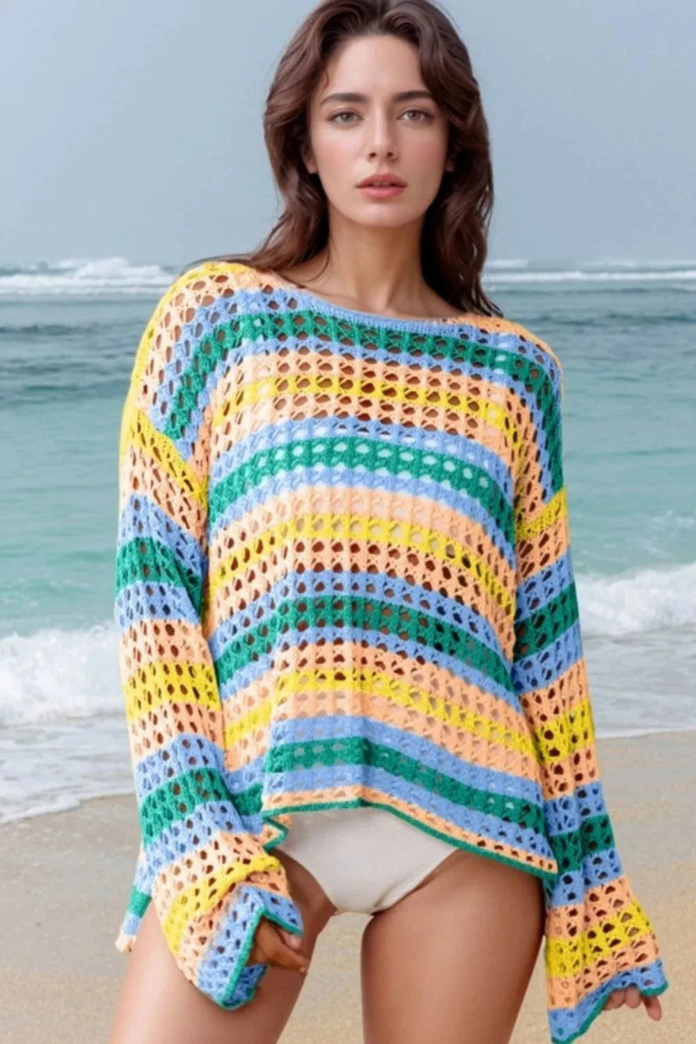 Openwork Round Neck Long Sleeve Knit Cover Up - Trendsi