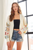 ADORA Full Size Contrast Crochet Open Front Long Sleeve Cardigan - Trendsi