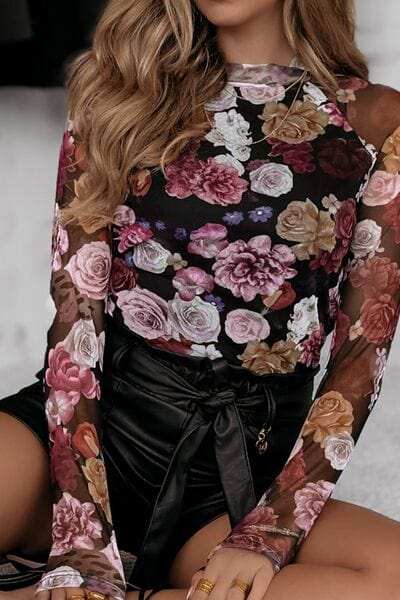 Floral Mock Neck Long Sleeve Mesh Top - Trendsi - Flyclothing LLC