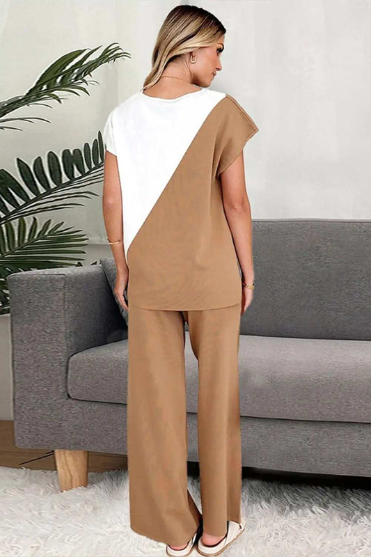 Two-Tone Round Neck Top and Pants Set - Trendsi - Flyclothing LLC