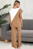 Two-Tone Round Neck Top and Pants Set - Trendsi