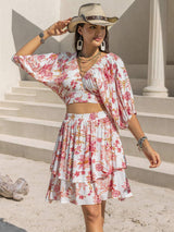 Printed Half Sleeve Top and Layered Skirt Set - Trendsi - Flyclothing LLC