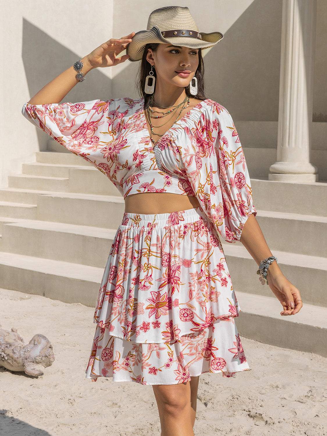 Printed Half Sleeve Top and Layered Skirt Set - Trendsi - Flyclothing LLC