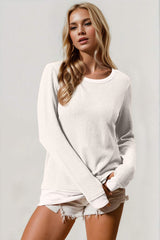 Double Take Corded Rib Thumbhole Cuff Round Neck T-Shirt - Trendsi - Flyclothing LLC