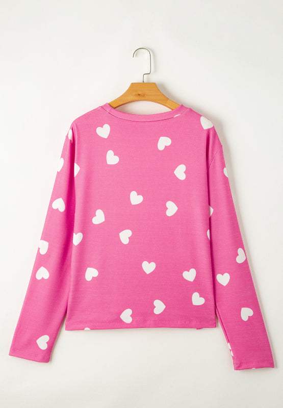 Heart Round Neck Long Sleeve Top and Elastic Waist Shorts Set - Trendsi - Flyclothing LLC