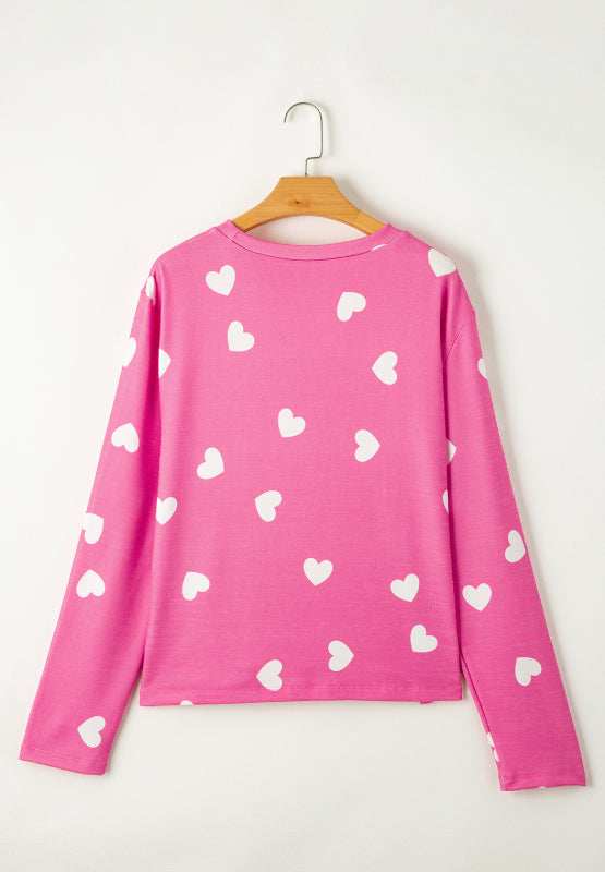 Heart Round Neck Long Sleeve Top and Elastic Waist Shorts Set - Trendsi - Flyclothing LLC