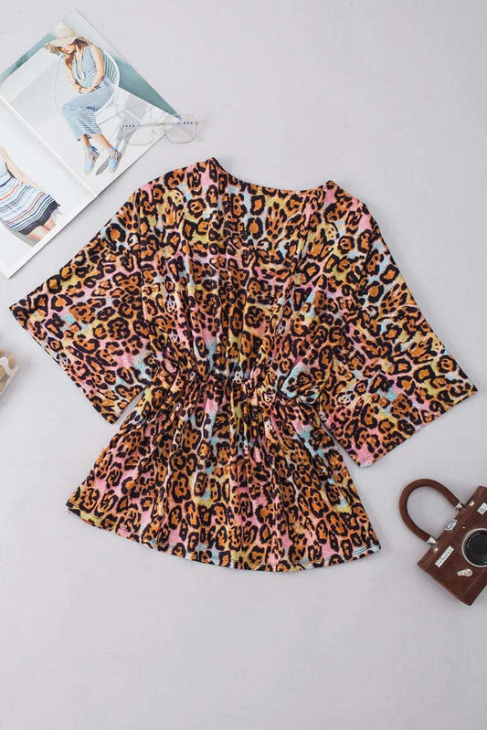 Leopard V-Neck Half Sleeve Blouse - Trendsi - Flyclothing LLC