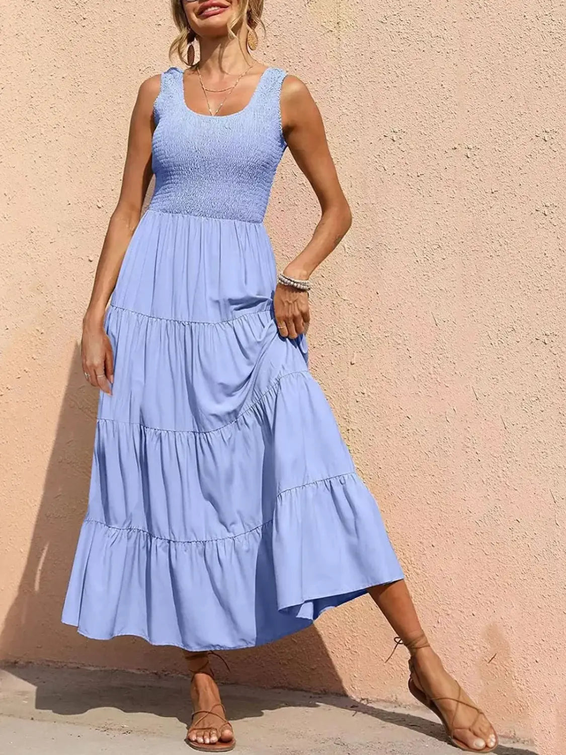Tiered Smocked Wide Strap Dress - Trendsi - Flyclothing LLC
