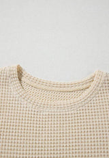 Waffle-Knit Printed Round Neck Flounce Sleeve Blouse - Trendsi - Flyclothing LLC