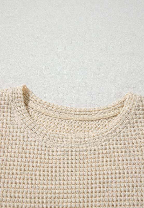 Waffle-Knit Printed Round Neck Flounce Sleeve Blouse - Trendsi - Flyclothing LLC