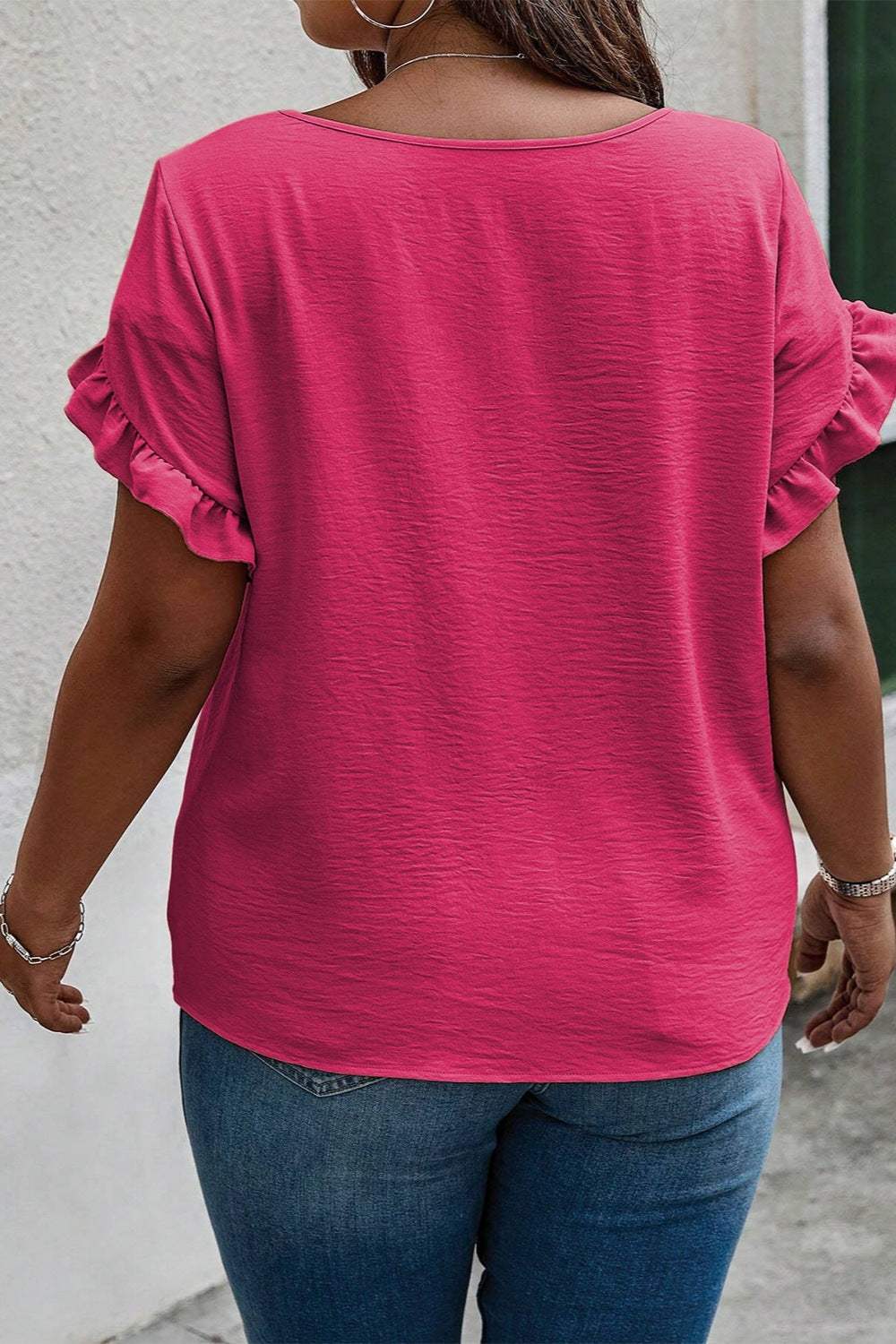 Plus Size Ruffled Round Neck Short Sleeve Blouse - Trendsi - Flyclothing LLC