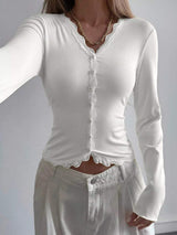 Lace Trim V-Neck Ribbed Long Sleeve Blouse - Trendsi - Flyclothing LLC