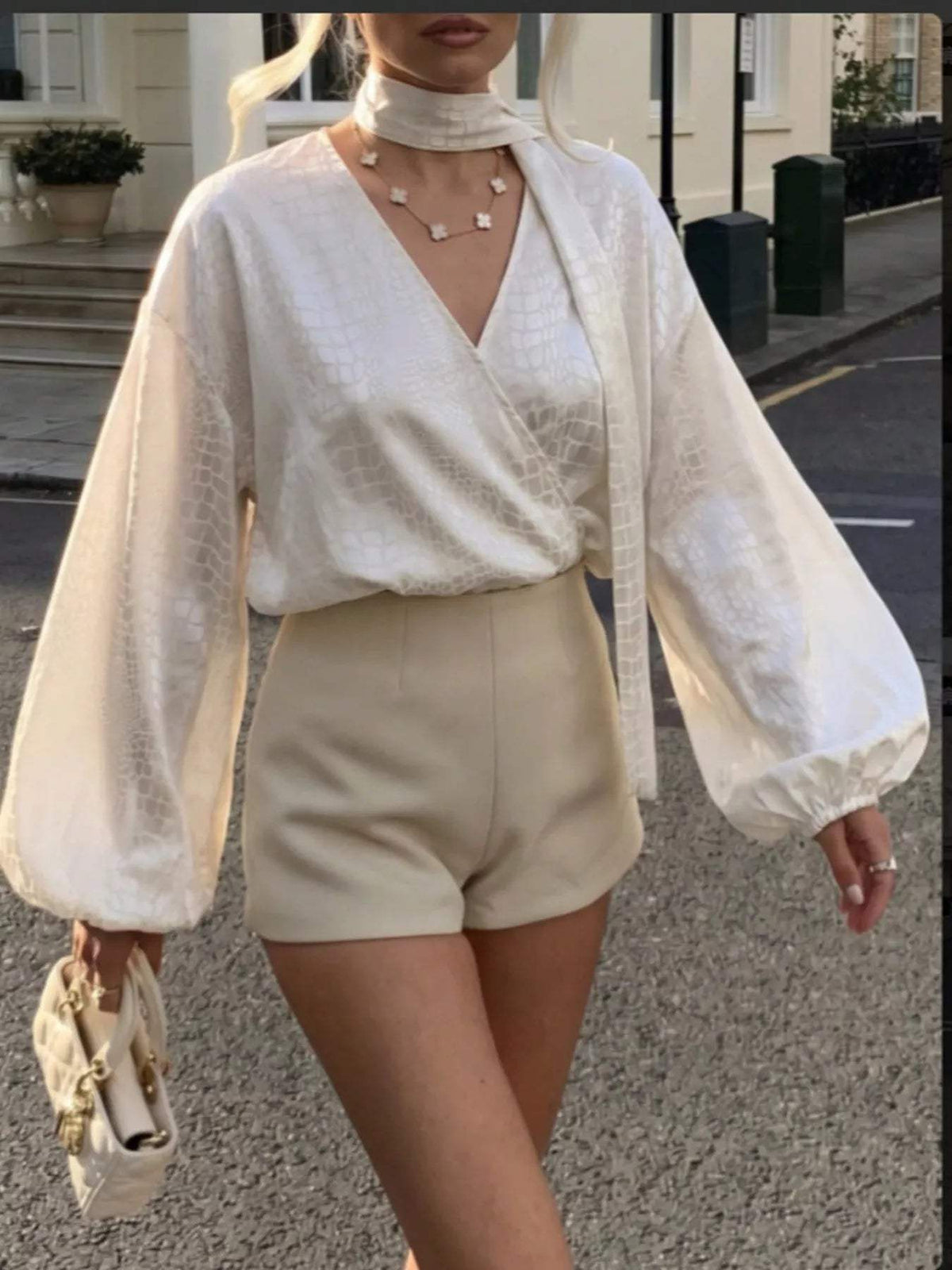 Crocodile-Embossed Surplice Balloon Sleeve Blouse - Trendsi - Flyclothing LLC