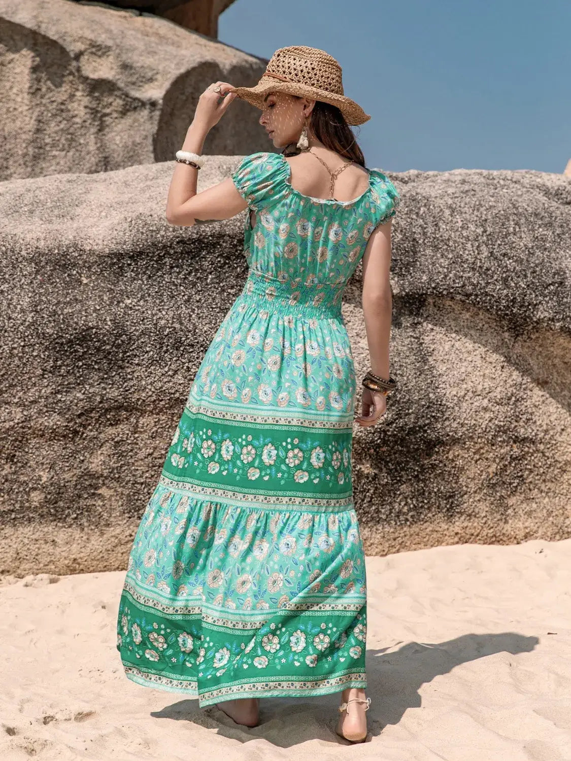 Smocked Printed V-Neck Dress - Trendsi - Flyclothing LLC