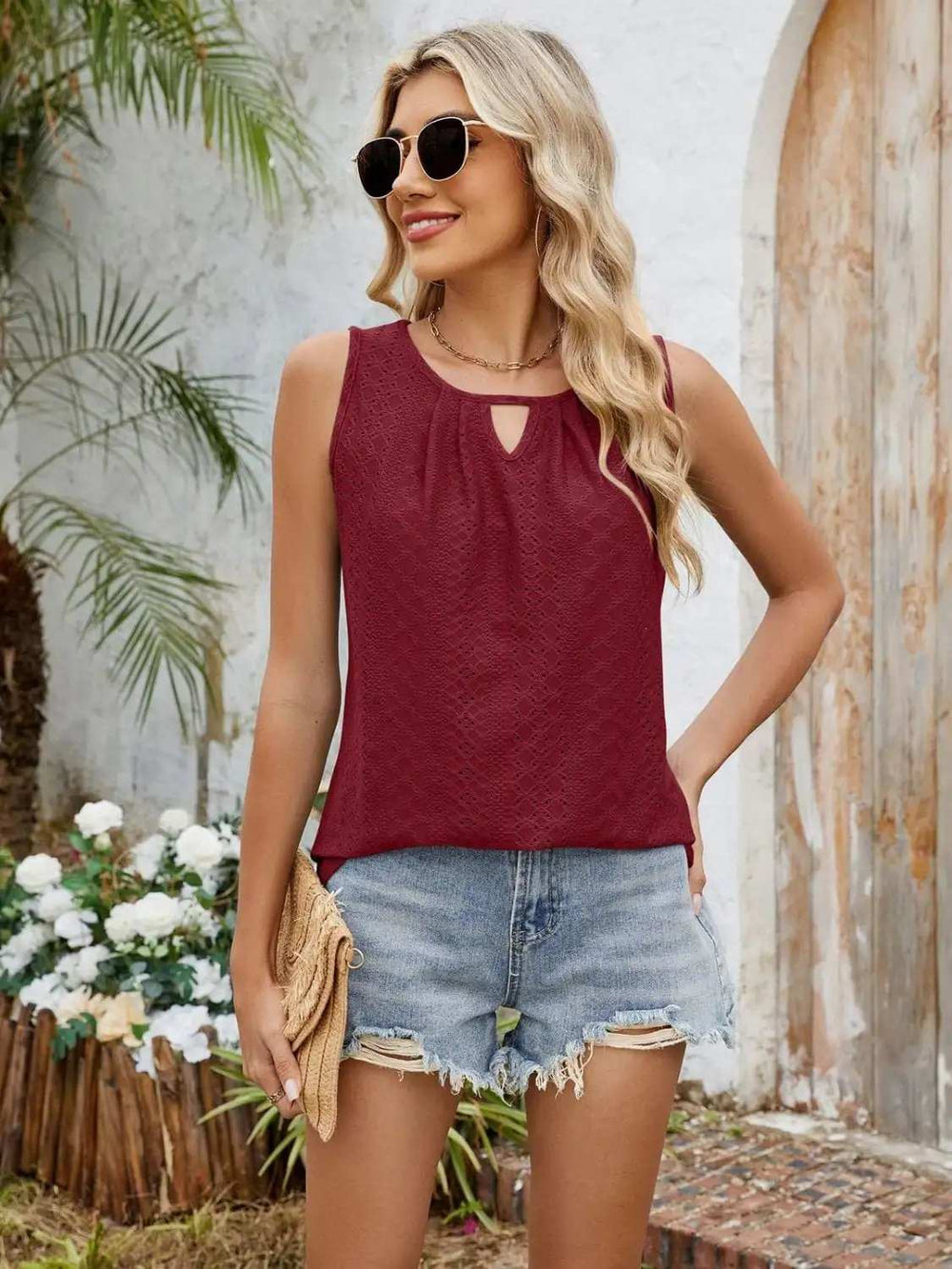 Eyelet Cutout Round Neck Tank - Trendsi - Flyclothing LLC