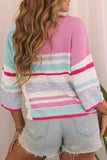 Contrast Round Neck Three-Quarter Sleeve Knit Top - Trendsi