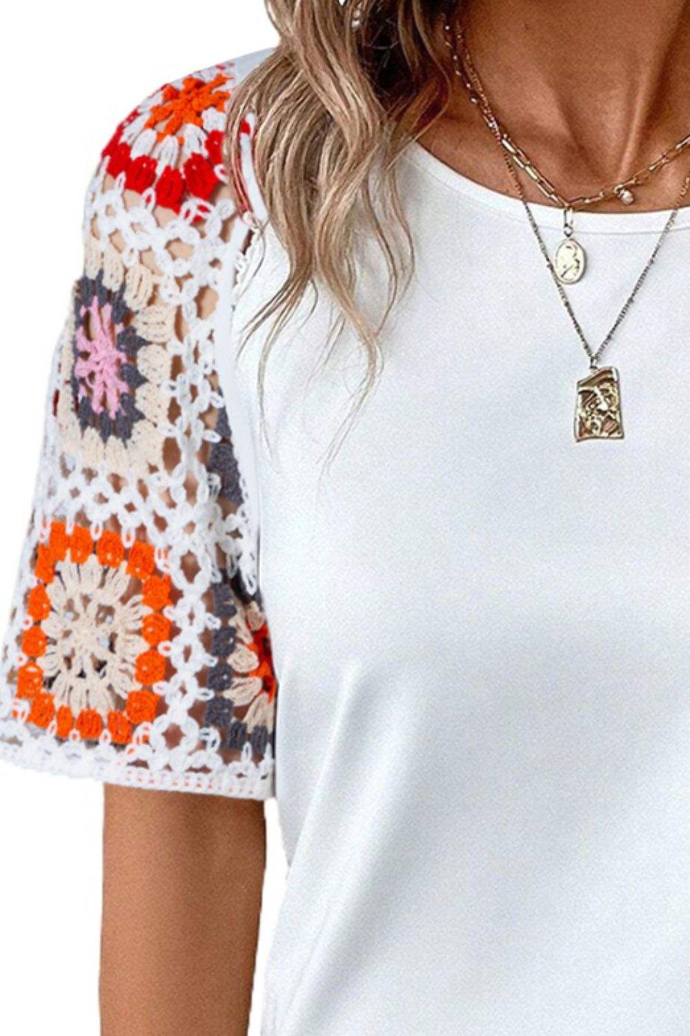 Geometric Round Neck Short Sleeve Blouse - Trendsi - Flyclothing LLC