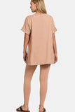 Zenana Full Size V-Neck Rolled Short Sleeve T-Shirt and Leggings Lounge Set - Trendsi - Flyclothing LLC