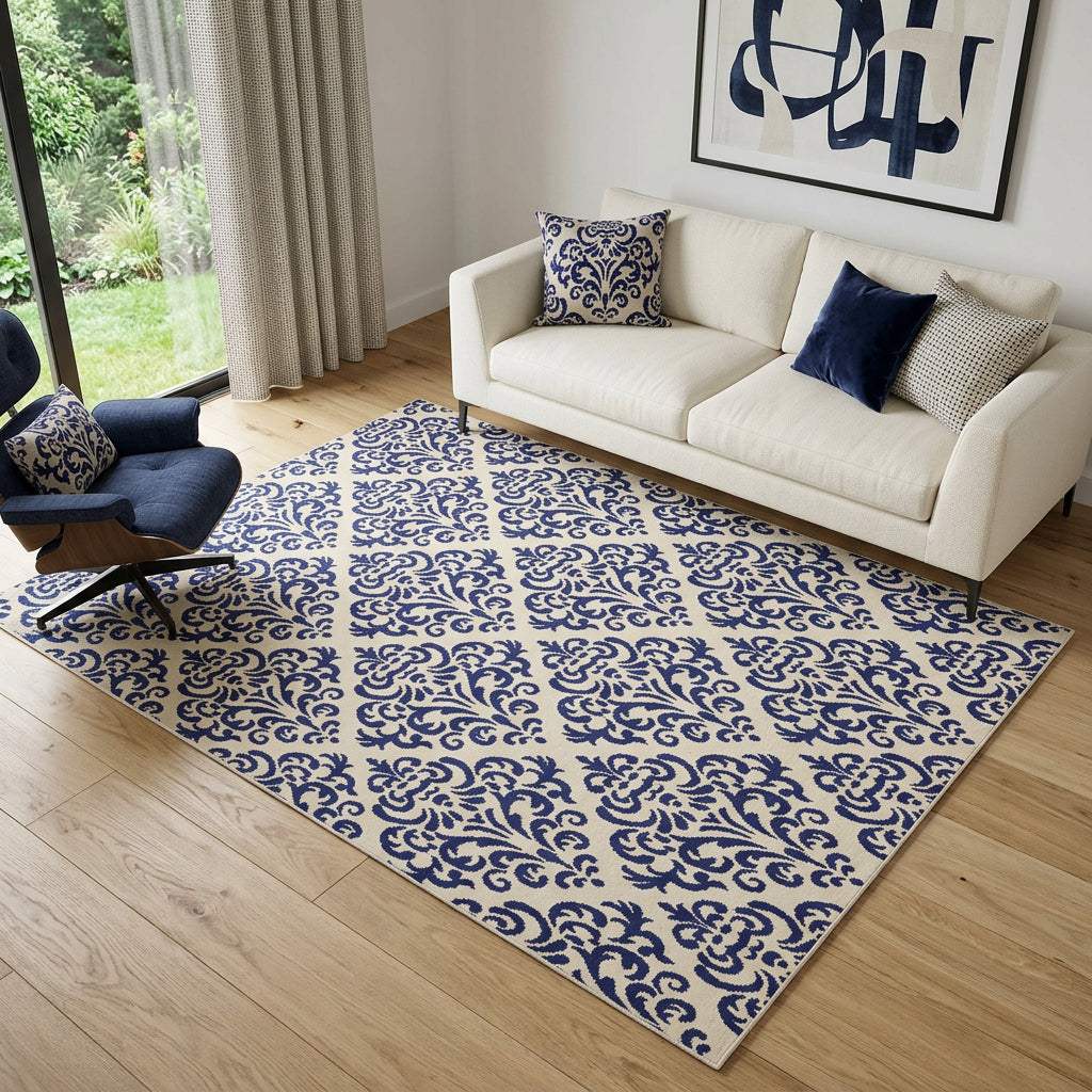 5' X 7' Blue And White Damask Area Rug - HomeRoots - Flyclothing LLC