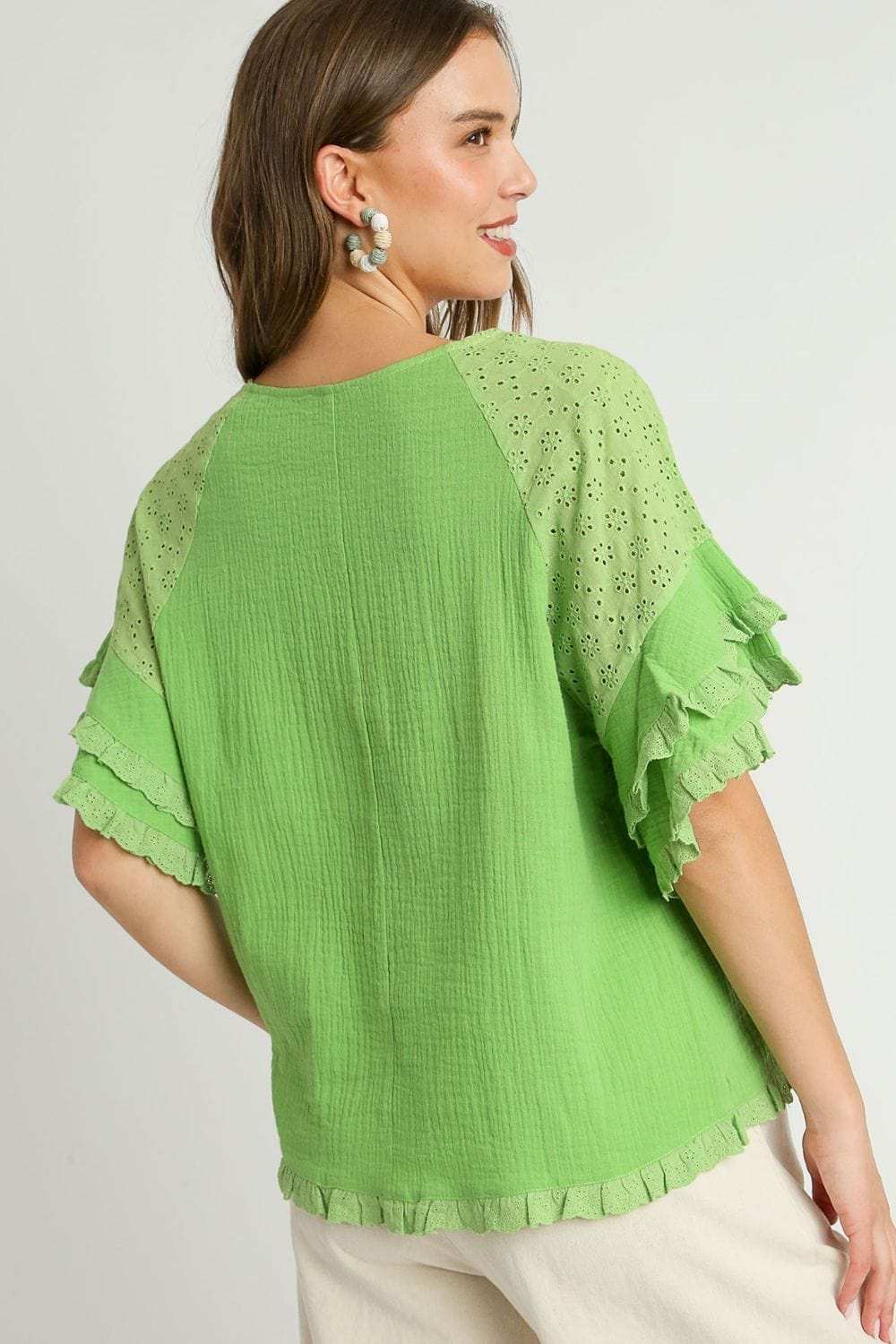 Umgee Full Size Cotton Gauze Round Neck Ruffle Eyelet Layered Sleeve Blouse Plus Size - Trendsi - Flyclothing LLC