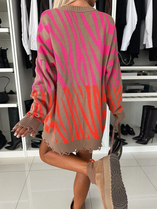 Contrast Round Neck Long Sleeve Oversize Sweater - Trendsi