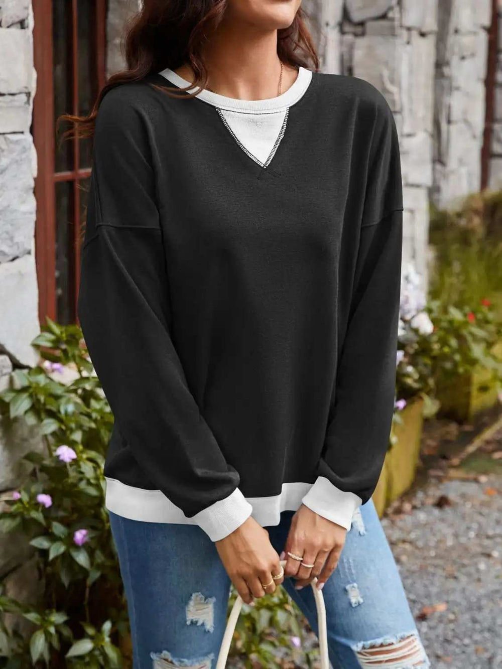 Contrast Round Neck Long Sleeve Sweatshirt - Trendsi - Flyclothing LLC