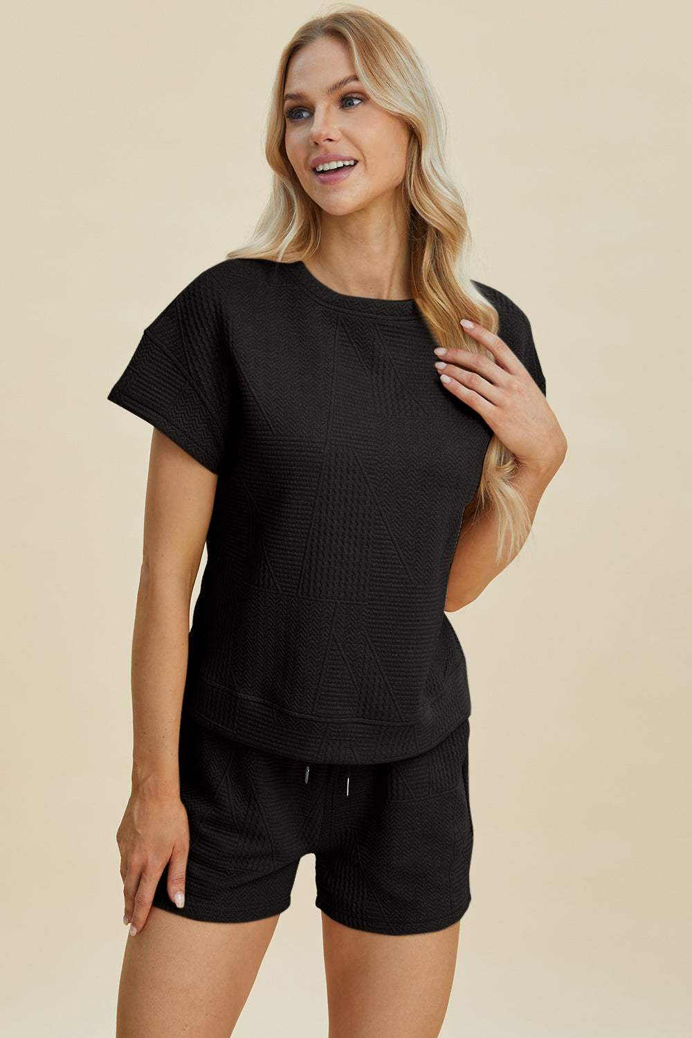 Double Take Full Size Texture Short Sleeve Top and Shorts Set - Trendsi - Flyclothing LLC
