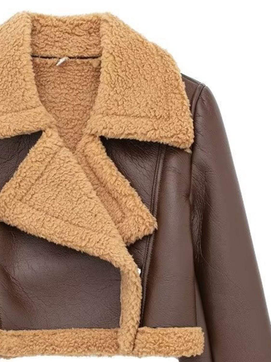 Collared Neck Long Sleeve Plush Cropped Jacket - Trendsi - Flyclothing LLC