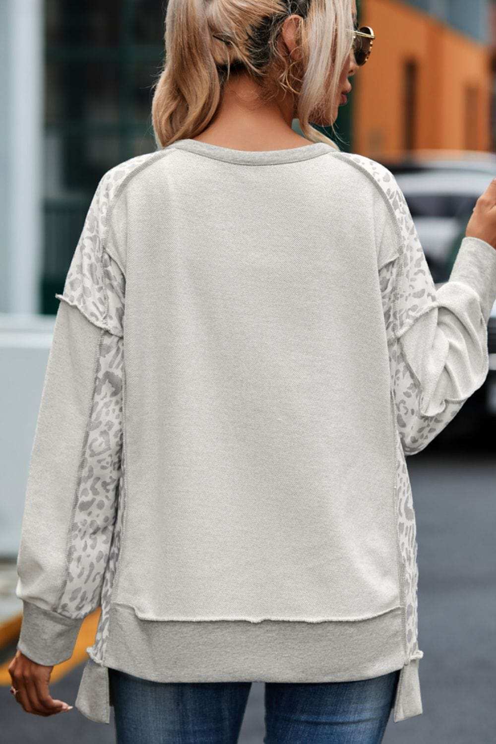 Exposed Seam Leopard Long Sleeve Sweatshirt - Trendsi - Flyclothing LLC